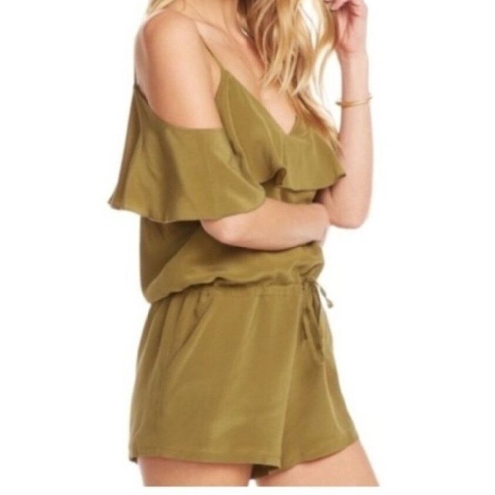 NEW Chaser Sage Green Ruffle Off-Shoulder Silk Romper M Drawstring Waist‎ Olive